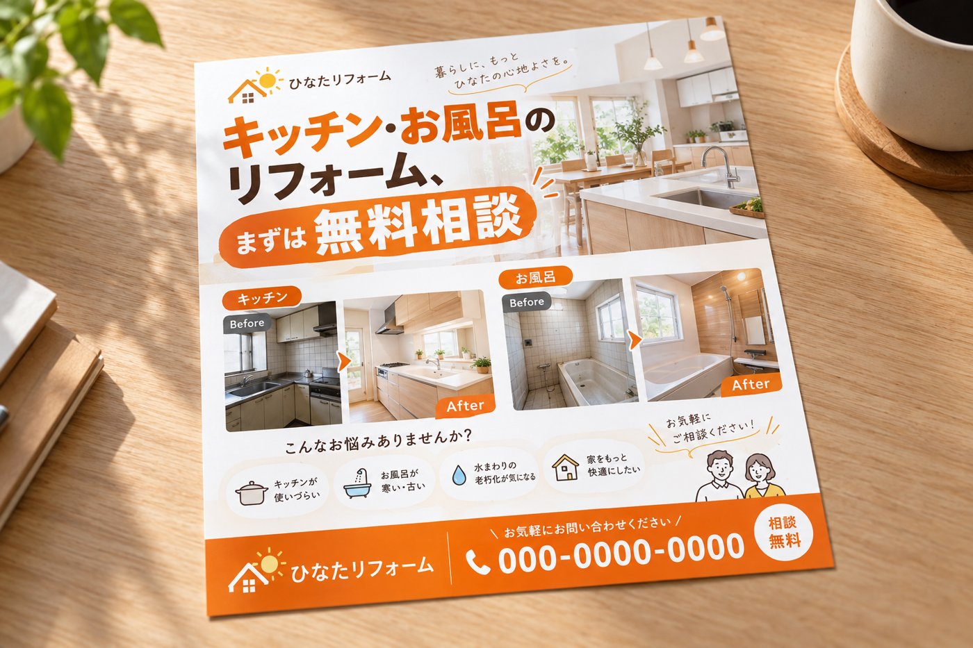 チラシの制作例（架空の会社）：リフォーム会社　キッチン・お風呂のご案内