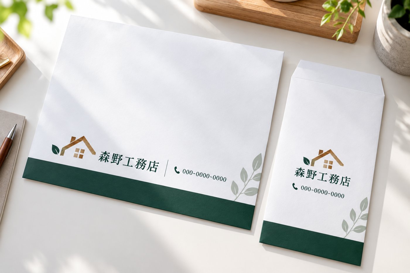 封筒の制作例（架空の会社）：工務店（角2・長3）